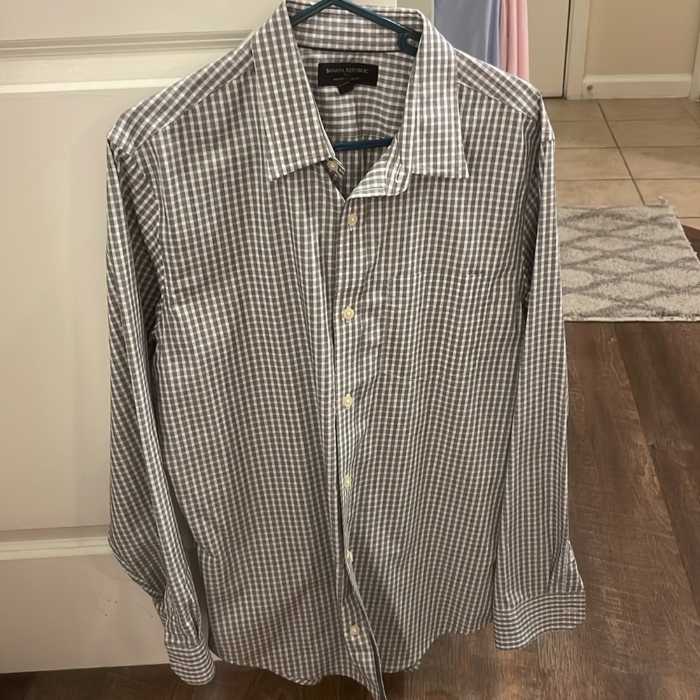 Banana Republic Mens Plaid Dress Shirt - Gray/White 15.5 neck